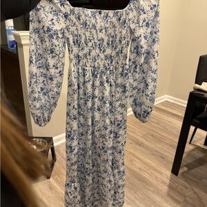 SHEIN White and Blue Floral Smocked Maxi Dress